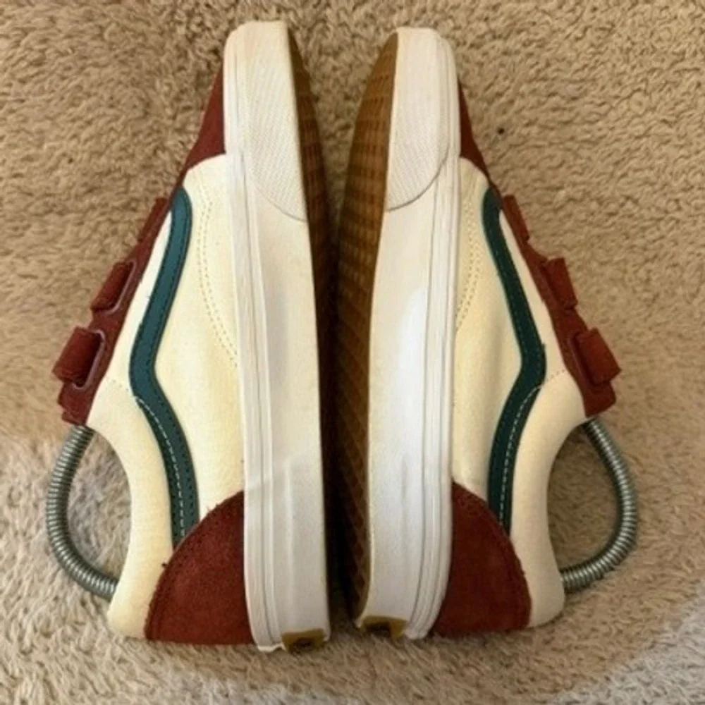 Vans Old Skool V Burgundy Cream Green Suede Canvas Triple Strap Womens Size 7.5